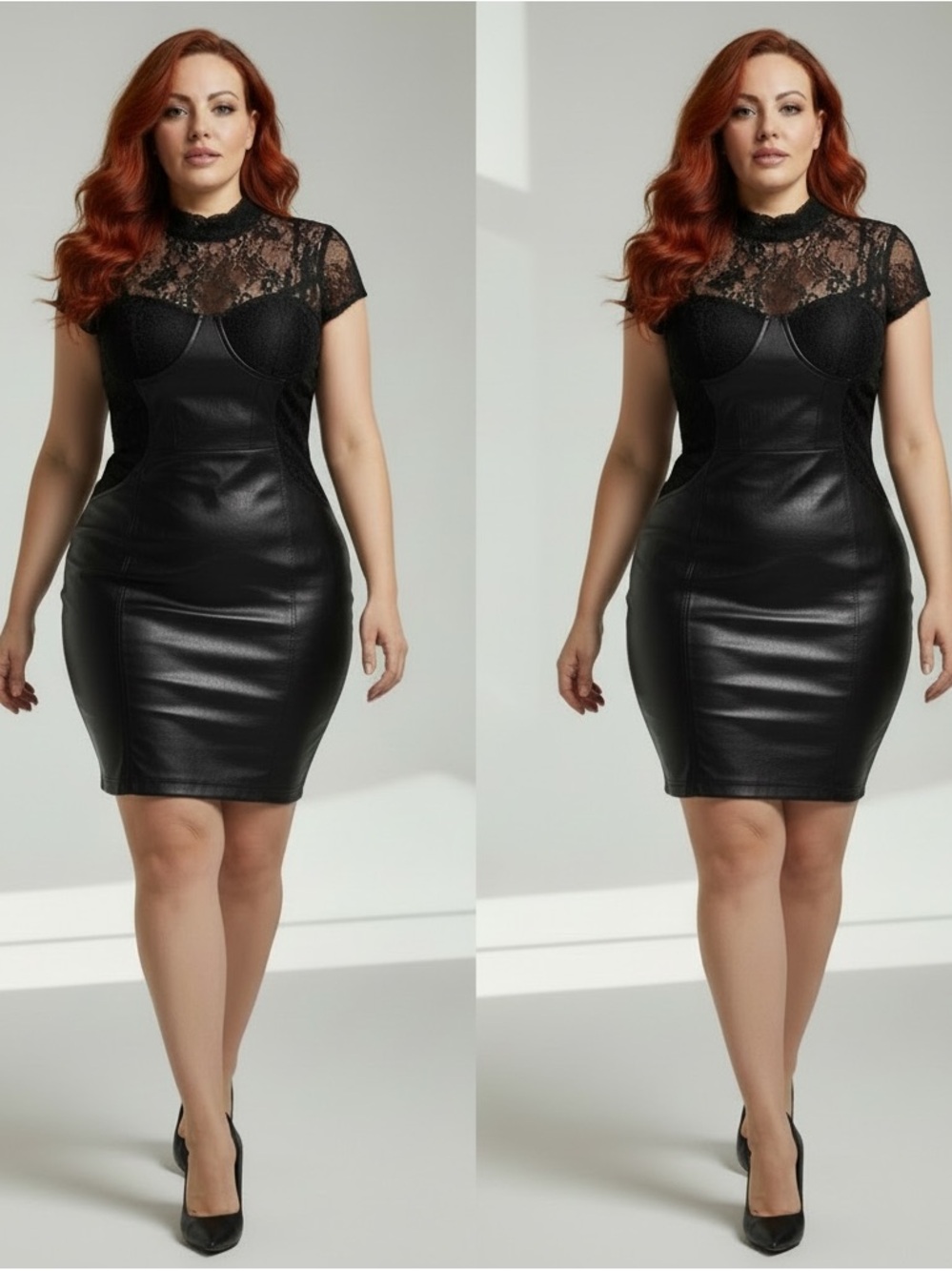 Faux Leather Lace Yoke Sheath Dress - Black